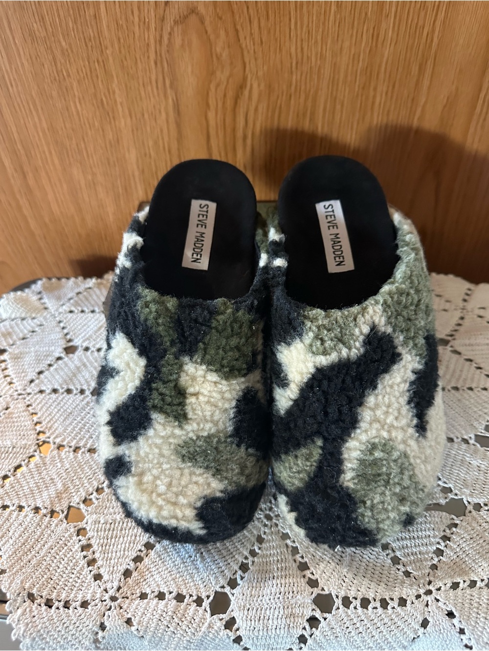 Steve Madden Sherpa Camo Mule Slippers in Black, Green & Cream